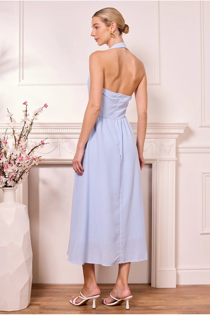 Midi Drop-Waist Light Blue Halterneck Dress M042478