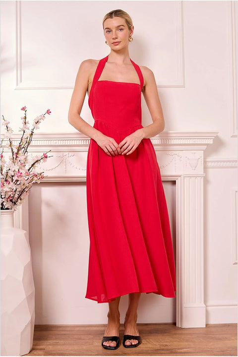 Midi Drop-Waist Red Halterneck Dress by Angeleye