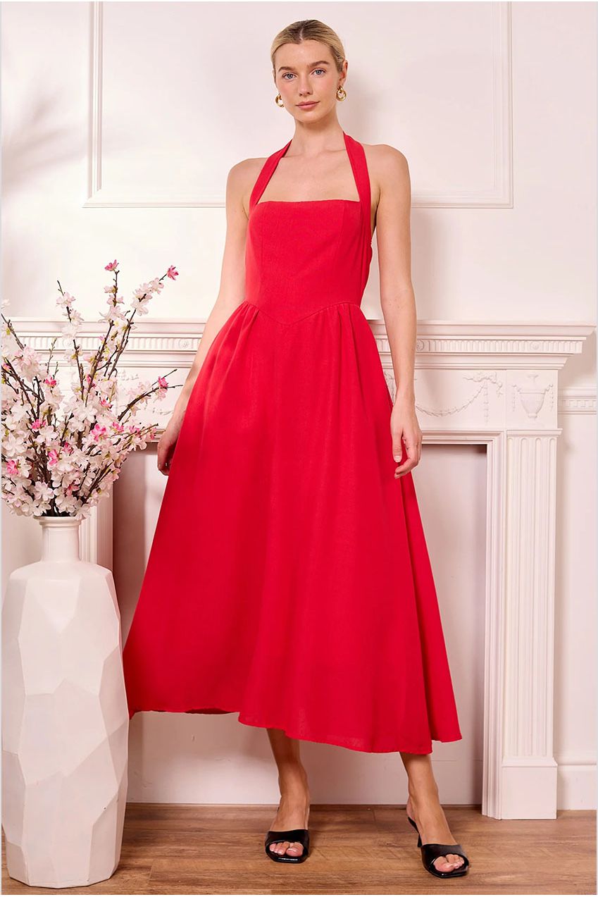 Midi Drop-Waist Red Halterneck Dress M042478