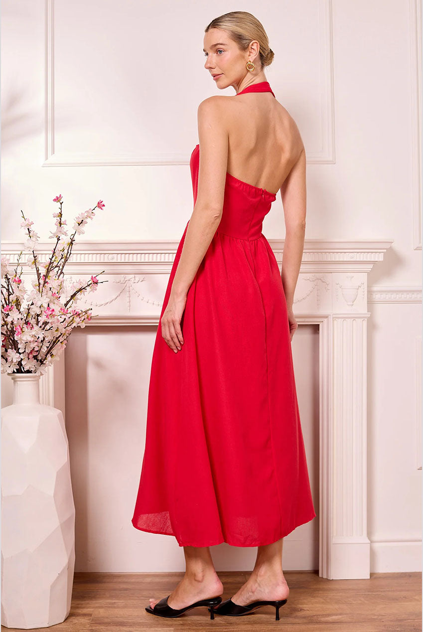 Midi Drop-Waist Red Halterneck Dress M042478
