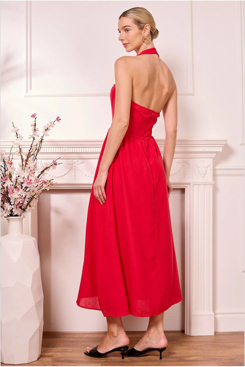 Midi Drop-Waist Red Halterneck Dress M042478