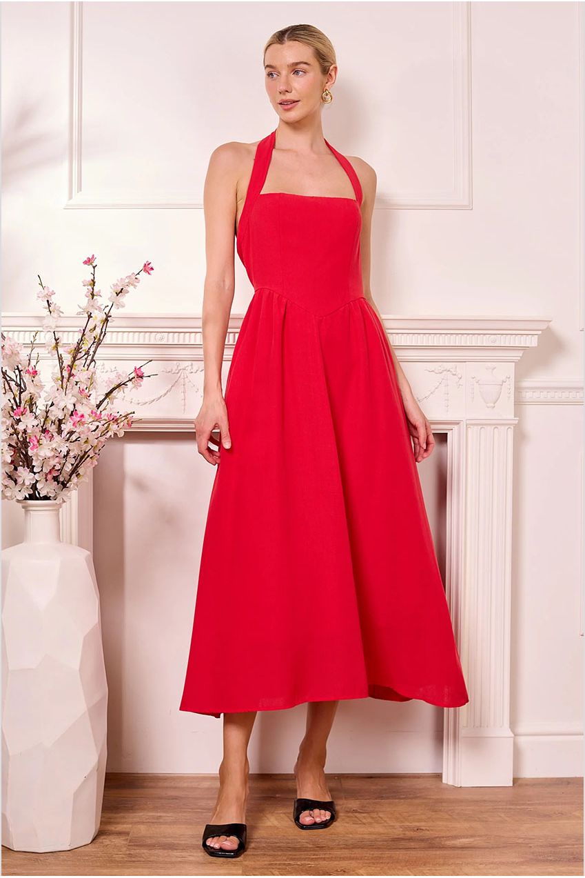 Midi Drop-Waist Red Halterneck Dress M042478
