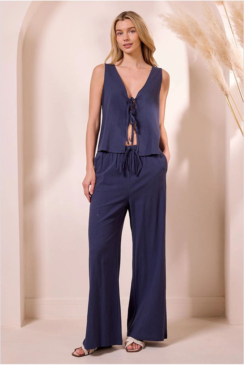 Tie-up Top And Trousers Co-ord Set In Navy M042487