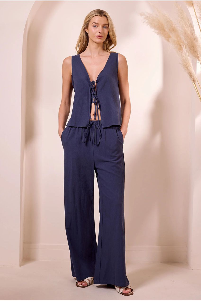 Tie-up Top And Trousers Co-ord Set In Navy M042487
