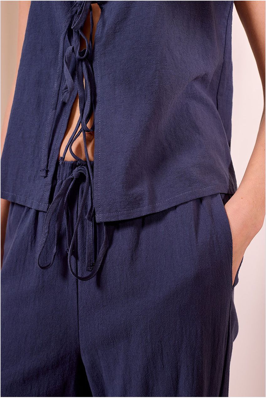 Tie-up Top And Trousers Co-ord Set In Navy M042487