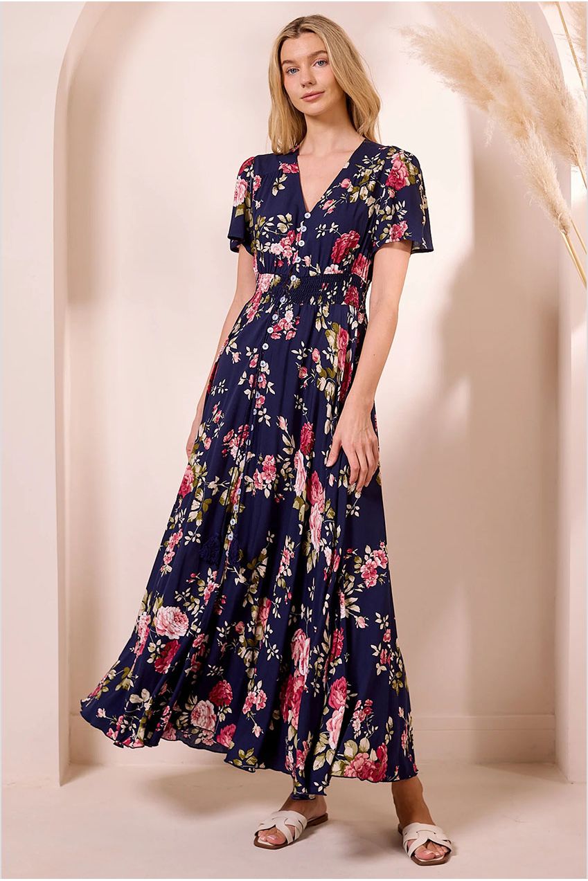 Ruched Waist Maxi Dress In Navy Floral Print M042581
