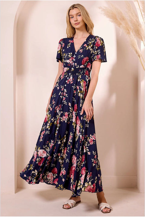 Ruched Waist Maxi Dress In Navy Floral Print by Angeleye
