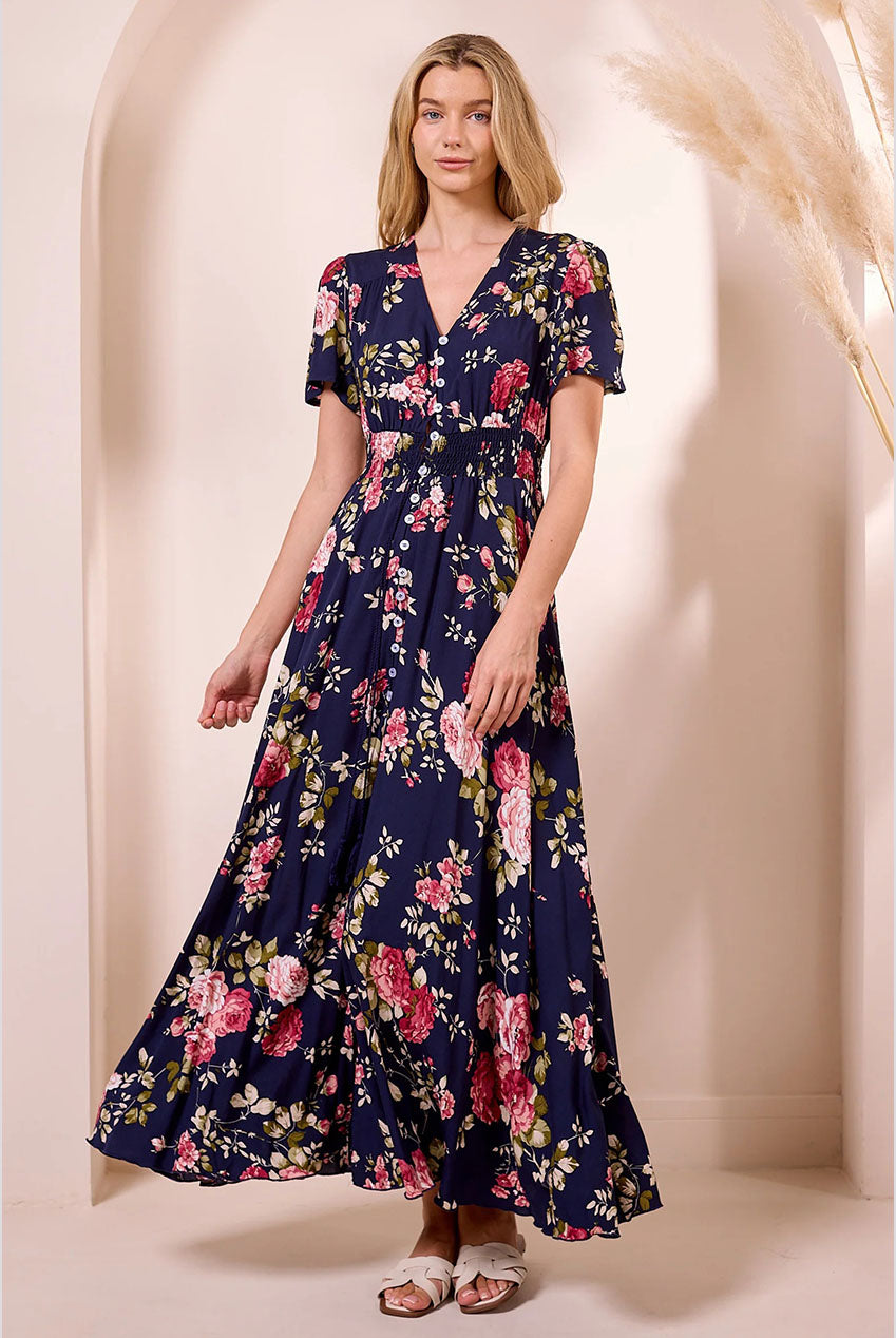 Ruched Waist Maxi Dress In Navy Floral Print M042581