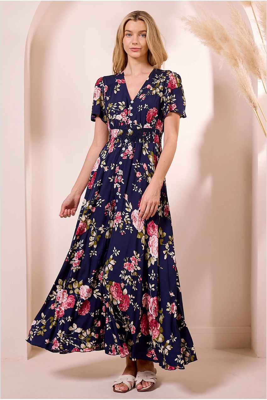 Ruched Waist Maxi Dress In Navy Floral Print M042581