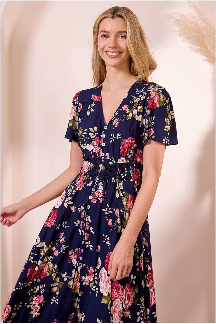 Ruched Waist Maxi Dress In Navy Floral Print M042581
