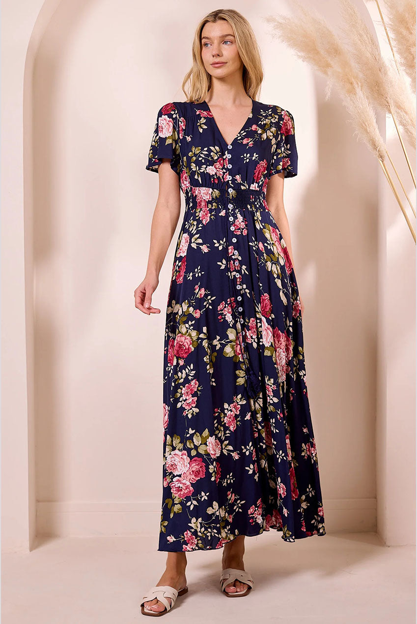 Ruched Waist Maxi Dress In Navy Floral Print M042581