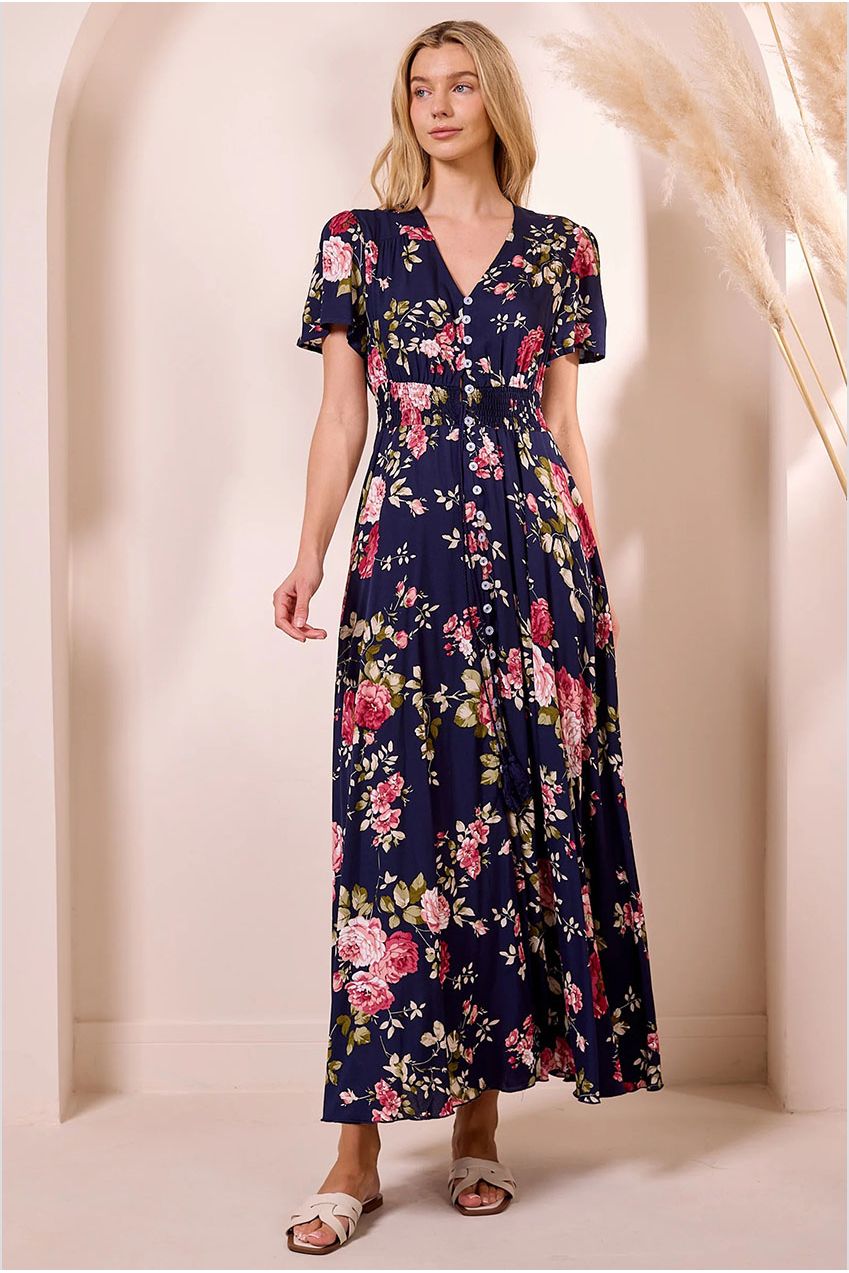 Ruched Waist Maxi Dress In Navy Floral Print M042581