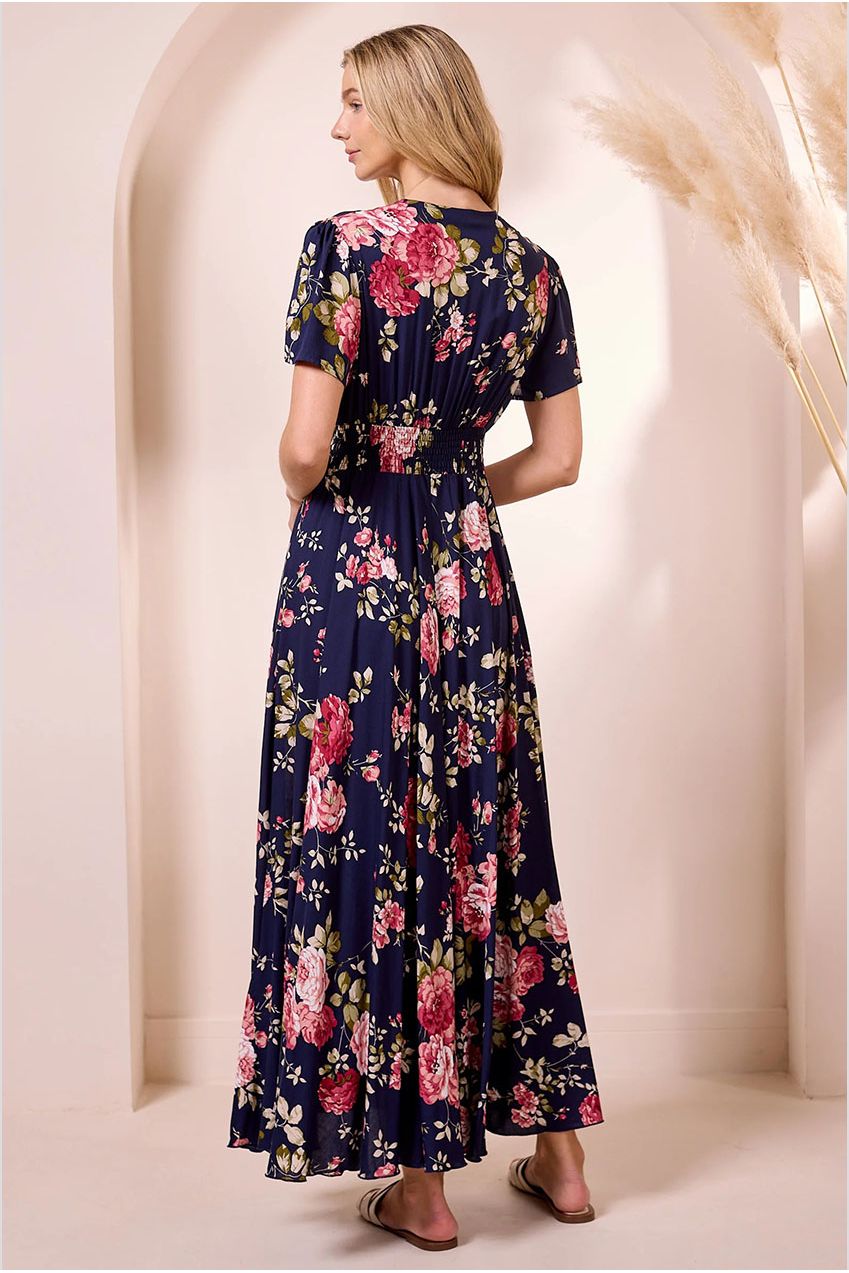 Ruched Waist Maxi Dress In Navy Floral Print M042581