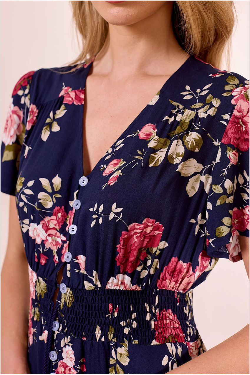 Ruched Waist Maxi Dress In Navy Floral Print M042581