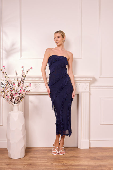 Navy Mesh Bias Ruffled Midi Bandeau Dress by Angeleye