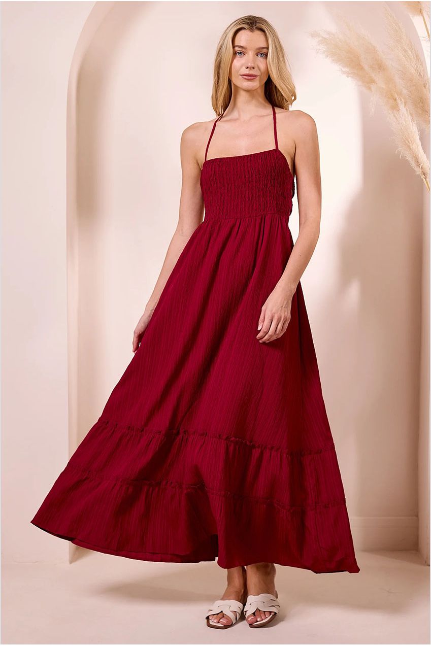 Ruched Top Halterneck Maxi Dress In Wine M043675