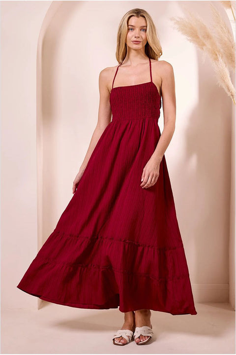 Ruched Top Halterneck Maxi Dress In Wine by Angeleye