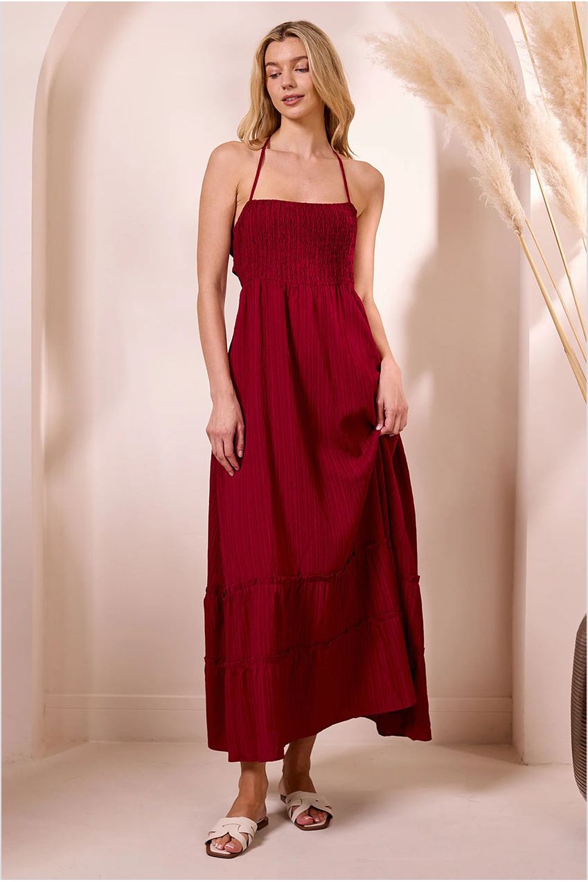 Ruched Top Halterneck Maxi Dress In Wine M043675