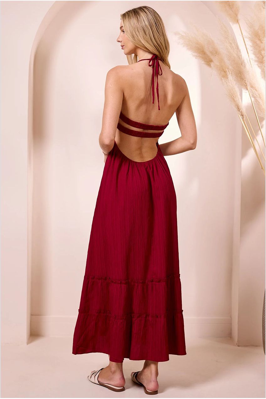 Ruched Top Halterneck Maxi Dress In Wine M043675