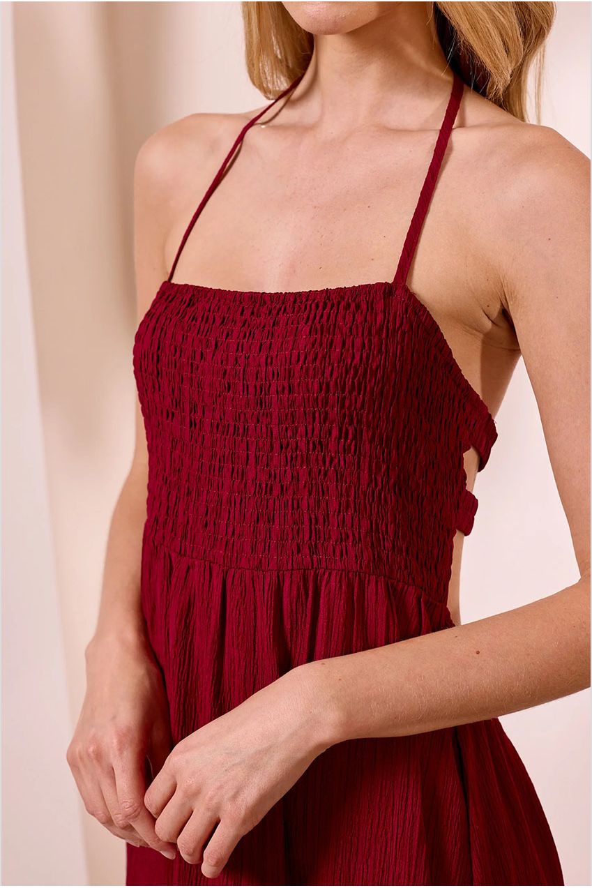 Ruched Top Halterneck Maxi Dress In Wine M043675