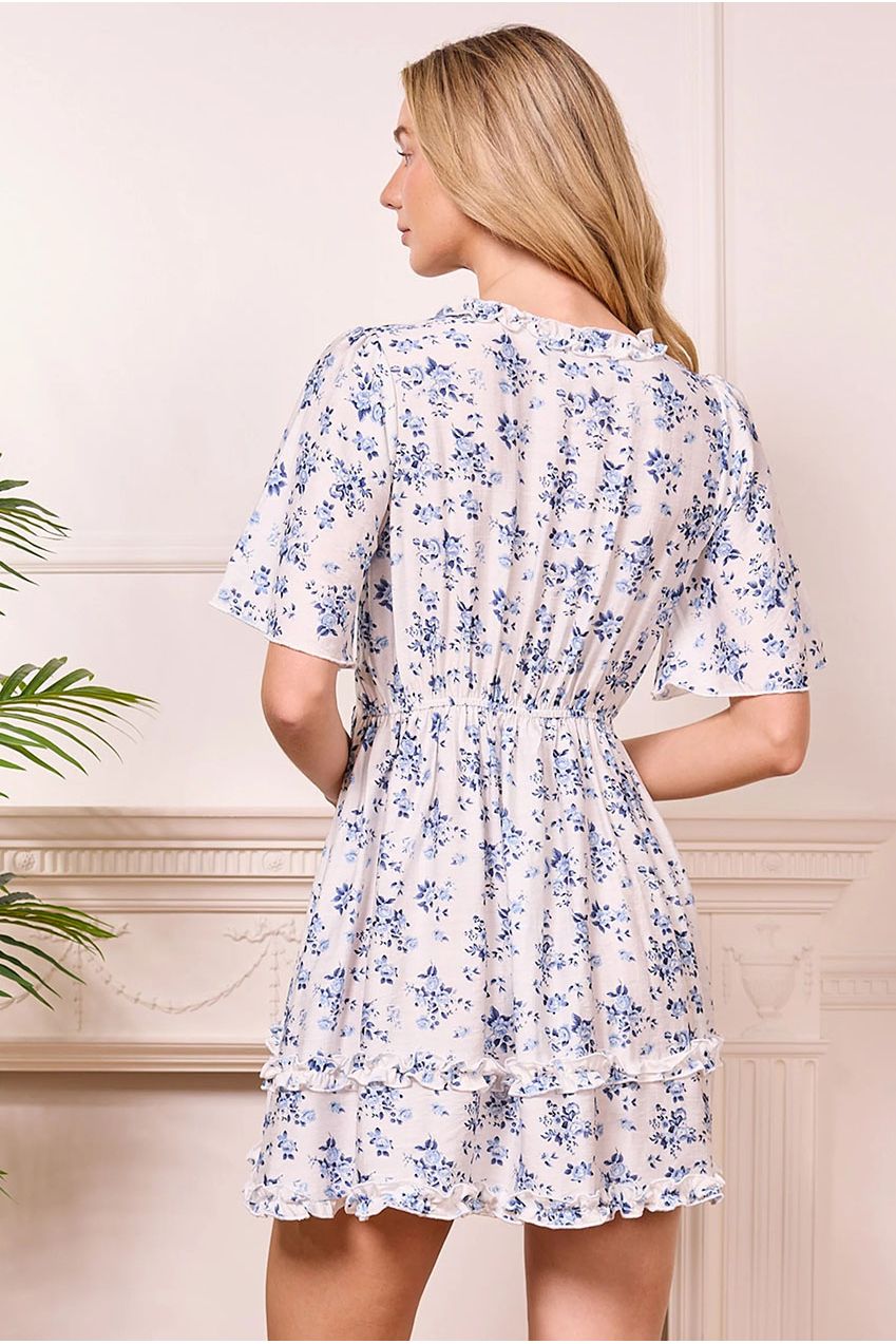 White Mini Dress With Blue Florals M043678