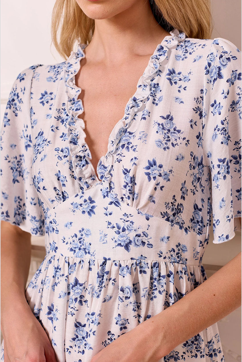 White Mini Dress With Blue Florals M043678