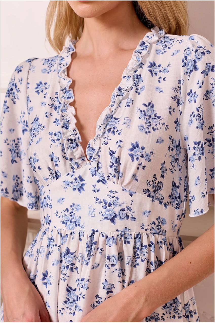 White Mini Dress With Blue Florals M043678