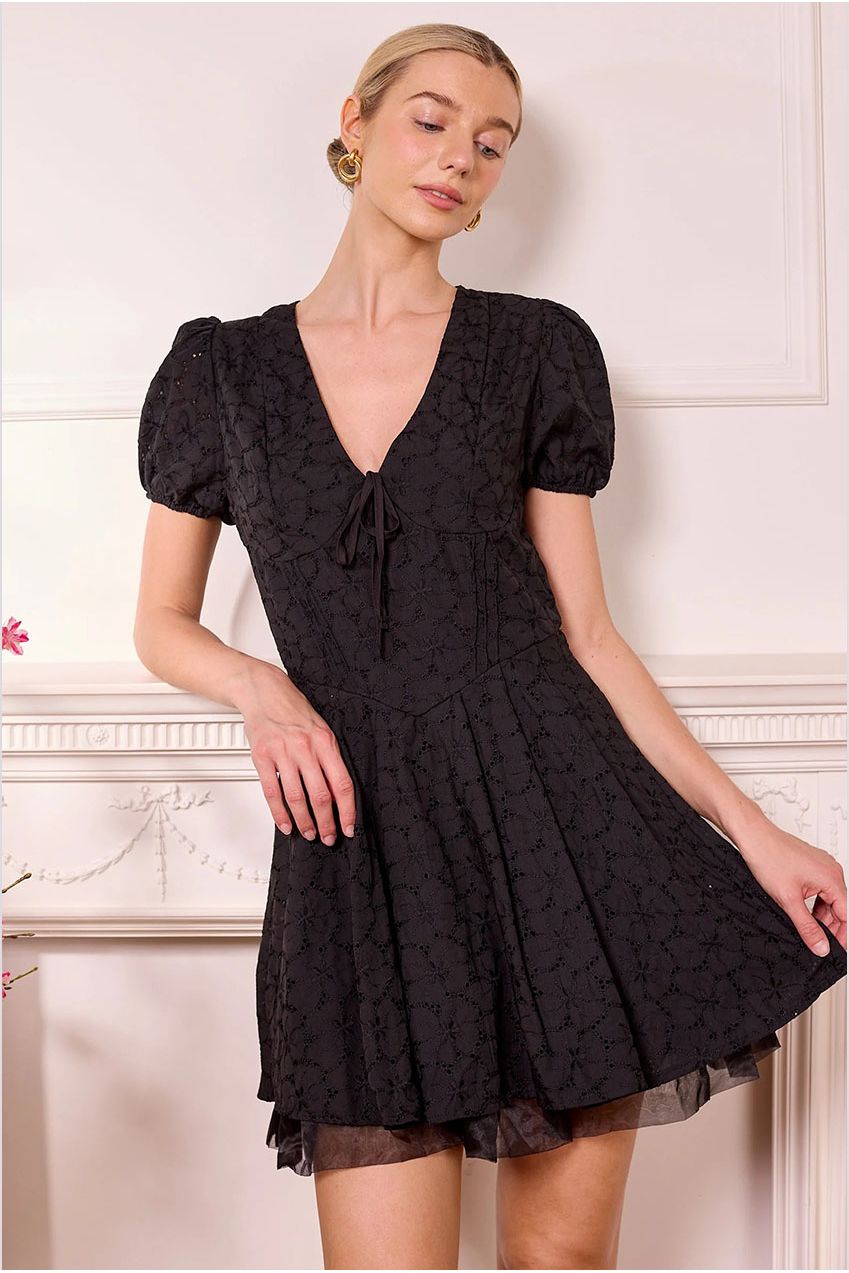 Black Broderie Drop-waist Mini Dress M043716