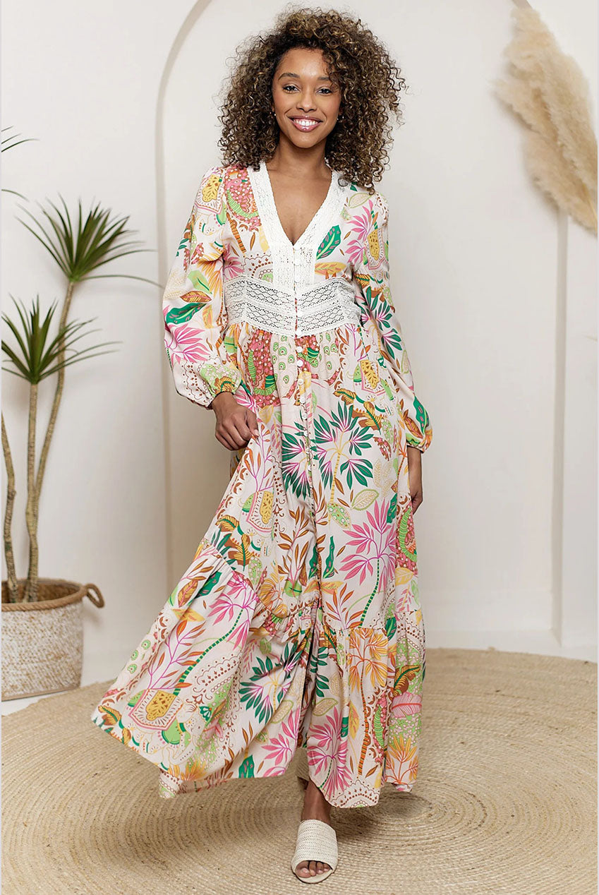 Crochet Border Maxi Dress In Pink Floral M044549