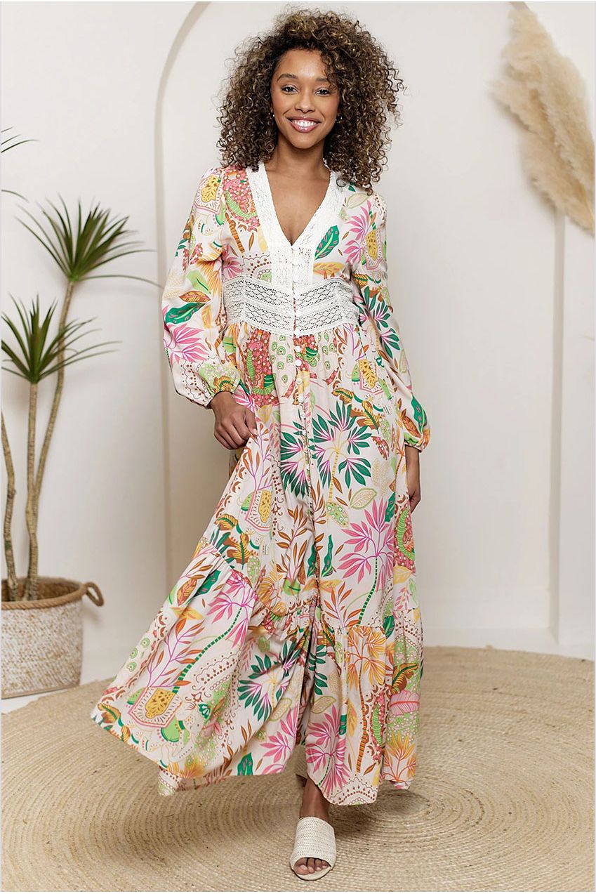 Crochet Border Maxi Dress In Pink Floral M044549