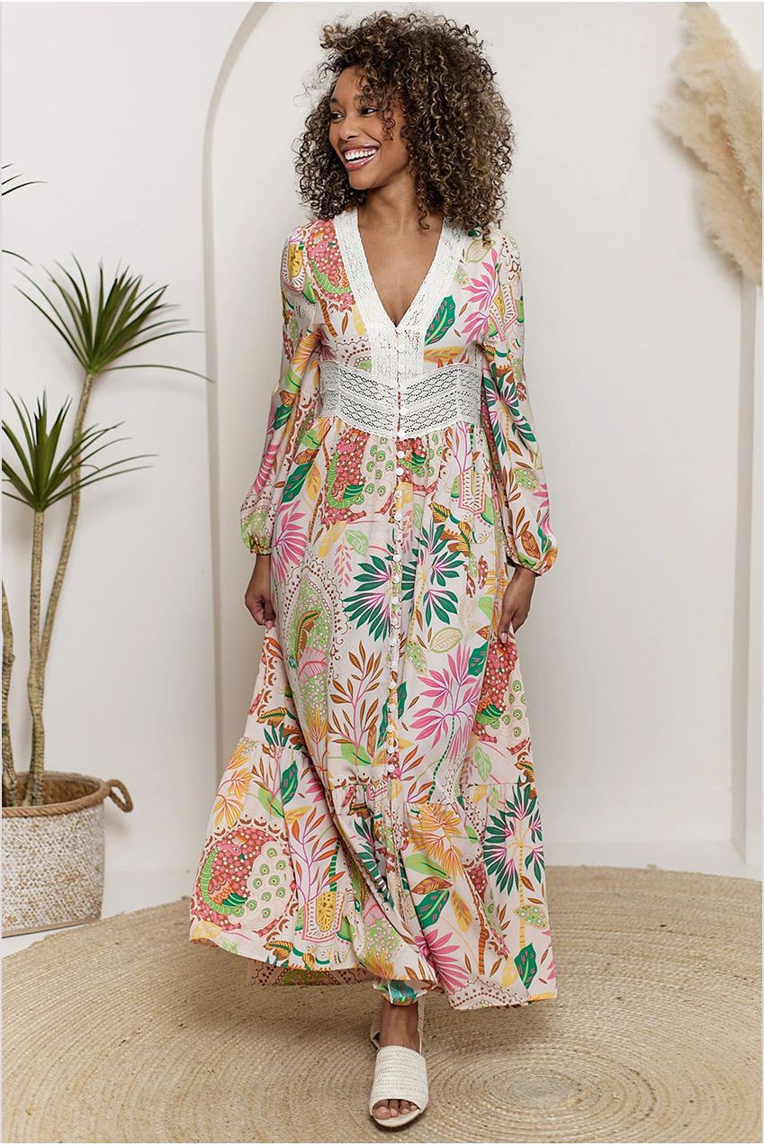 Crochet Border Maxi Dress In Pink Floral M044549