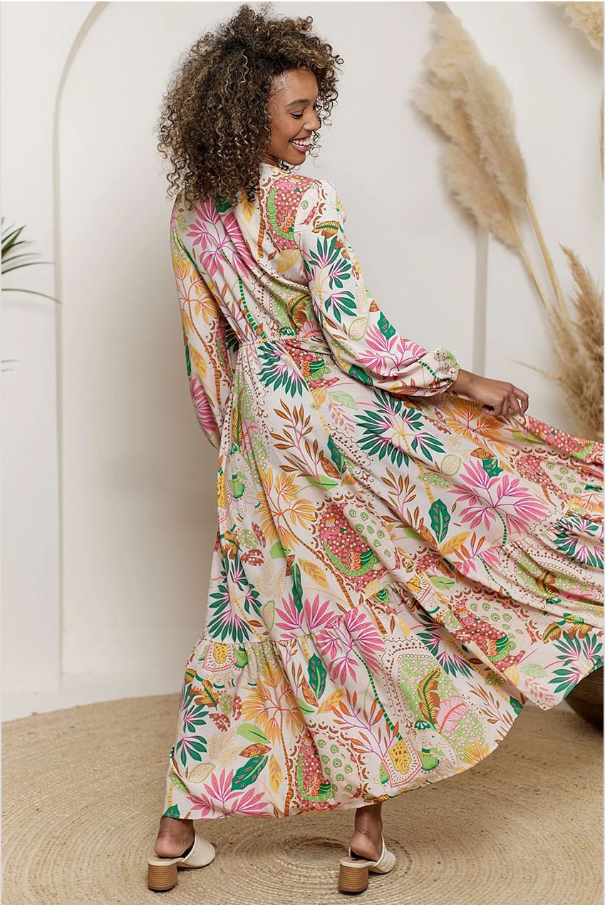 Crochet Border Maxi Dress In Pink Floral M044549