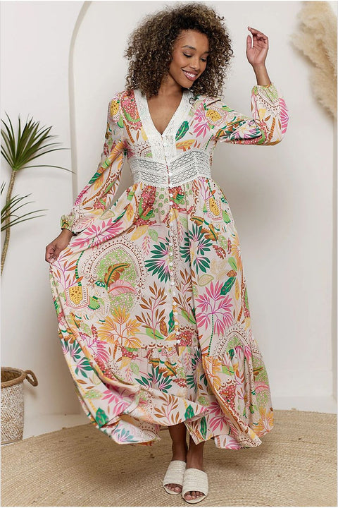 Crochet Border Maxi Dress In Pink Floral by Angeleye