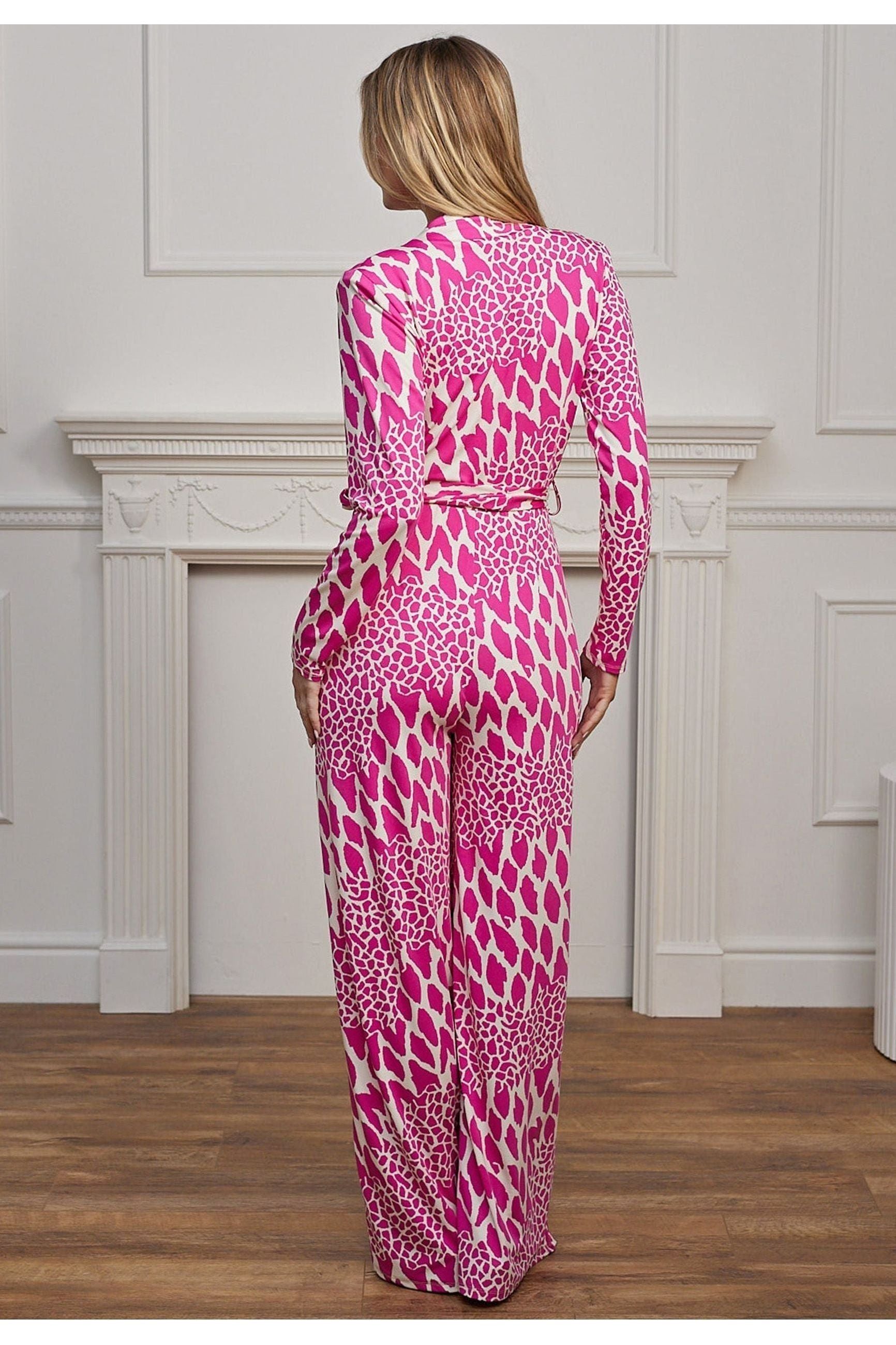 Plunge Neck Wide Leg Long Sleeve Jumpsuit In Pink Leopard M044621