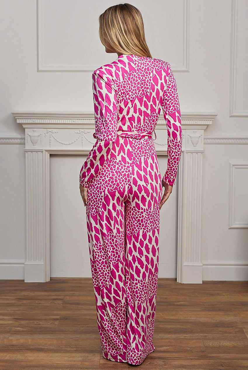 Plunge Neck Wide Leg Jumpsuit In Pink Leopard M044621