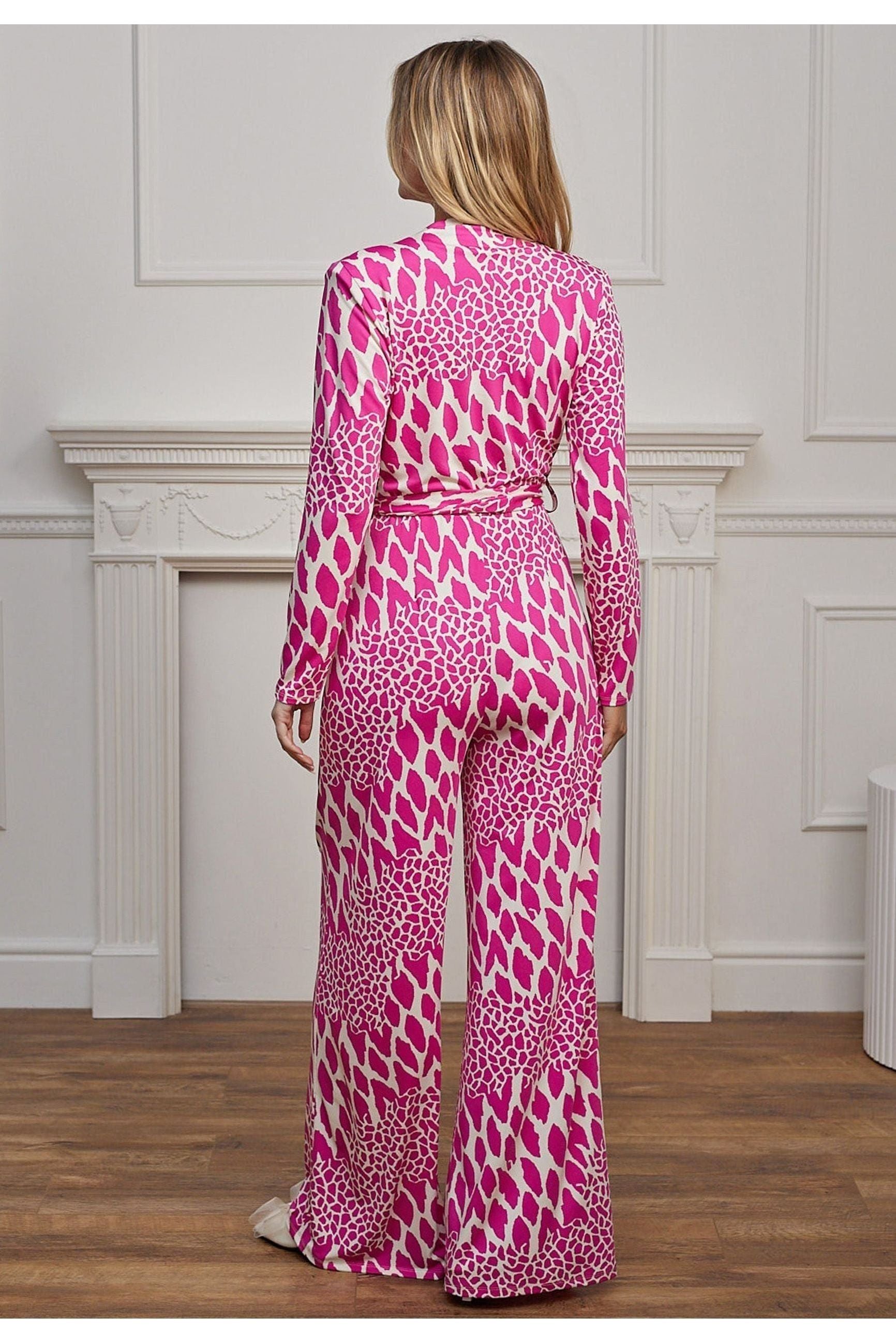 Plunge Neck Wide Leg Long Sleeve Jumpsuit In Pink Leopard M044621