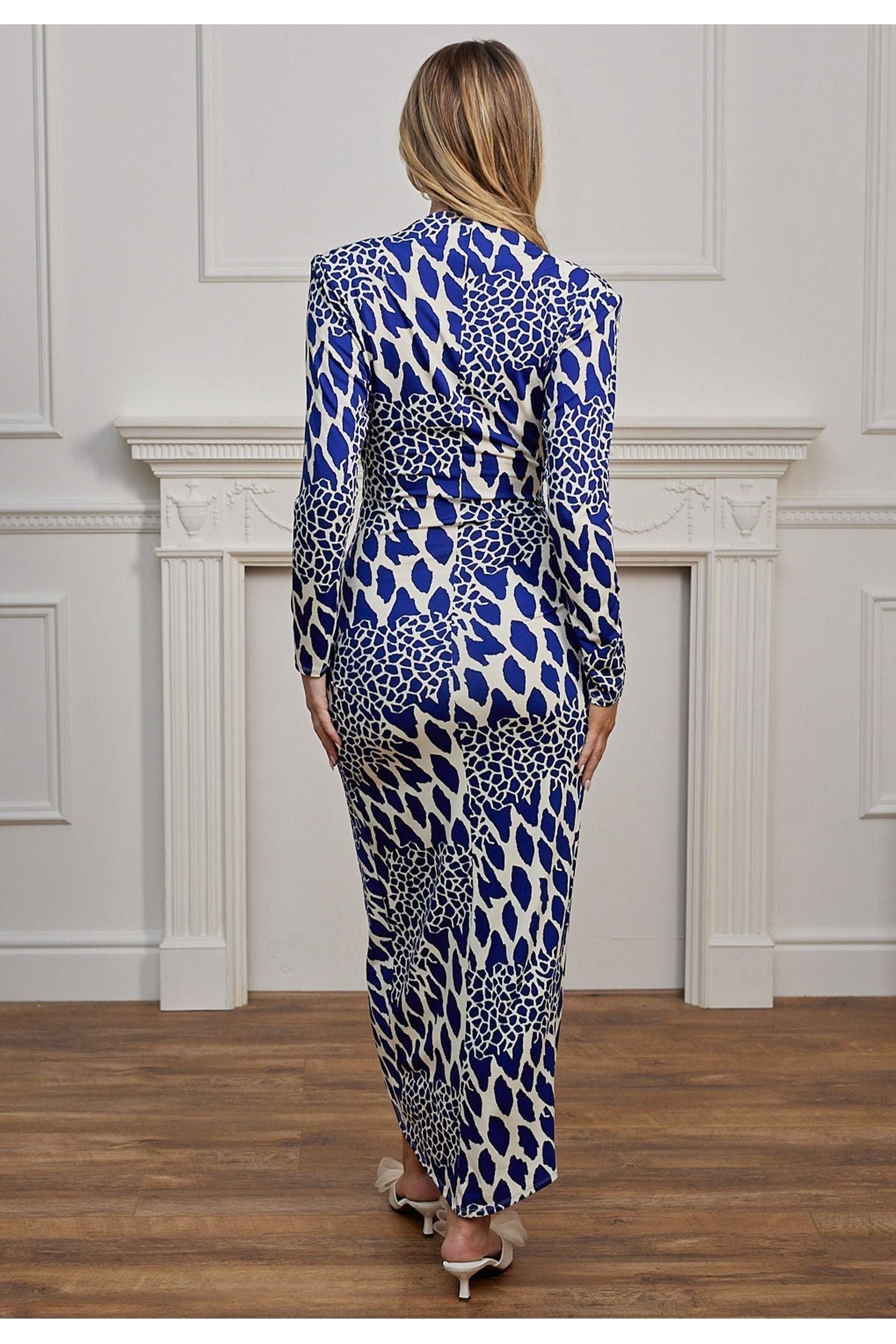 Plunge Neck Faux Wrap Print Midi Dress In Blue Leopard M044622