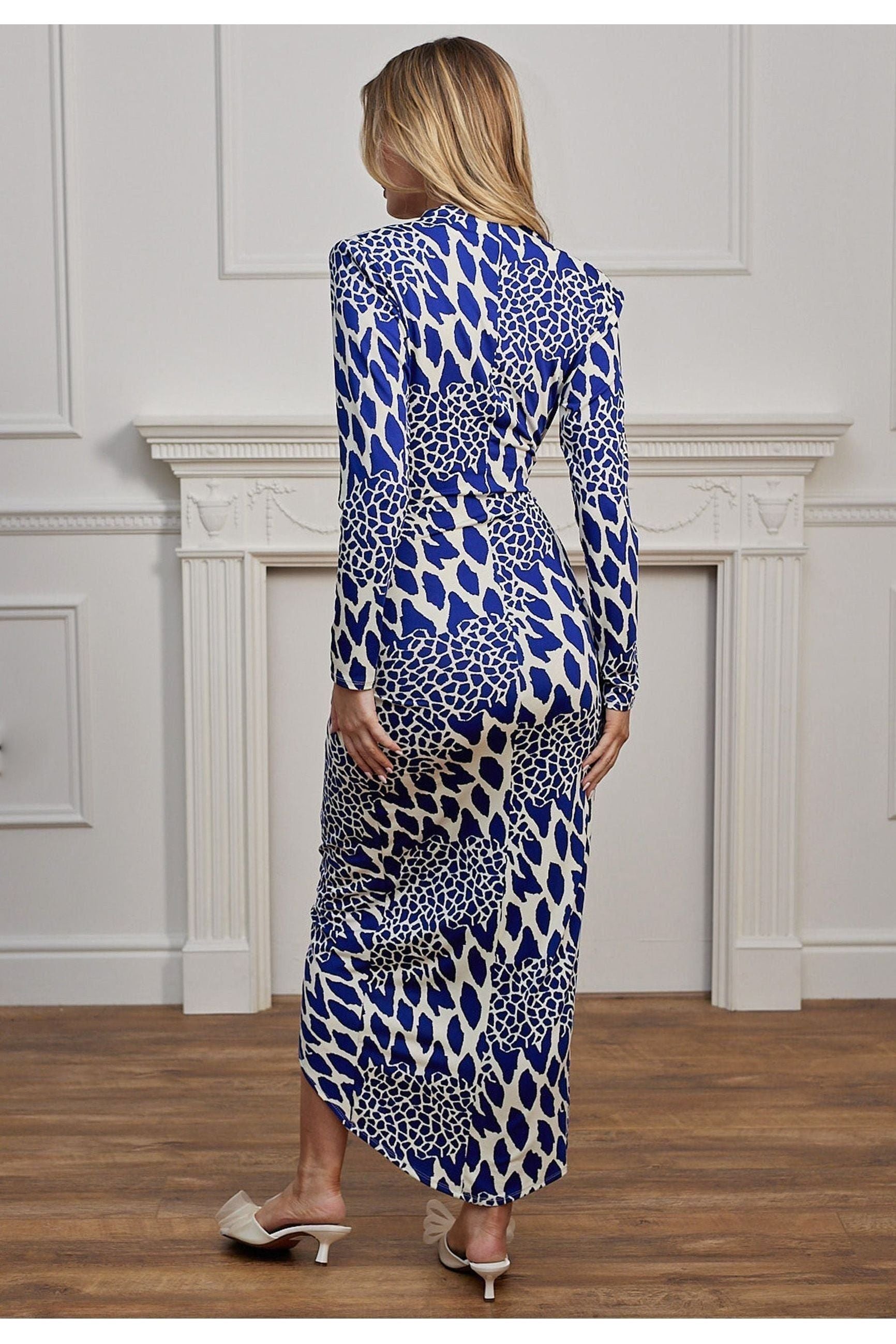Plunge Neck Faux Wrap Print Midi Dress In Blue Leopard M044622
