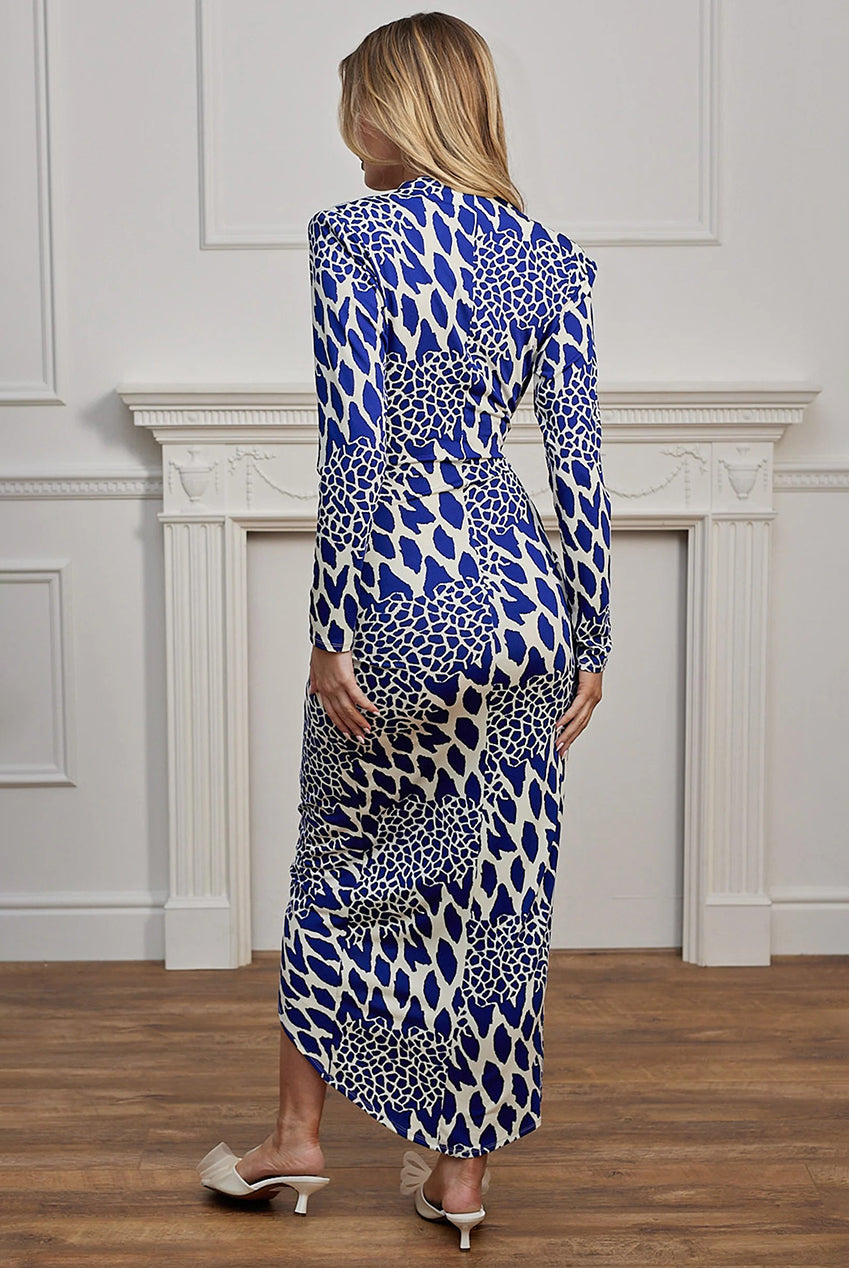 Plunge Neck Printed Wrap Midi Dress In Blue Leopard M044622