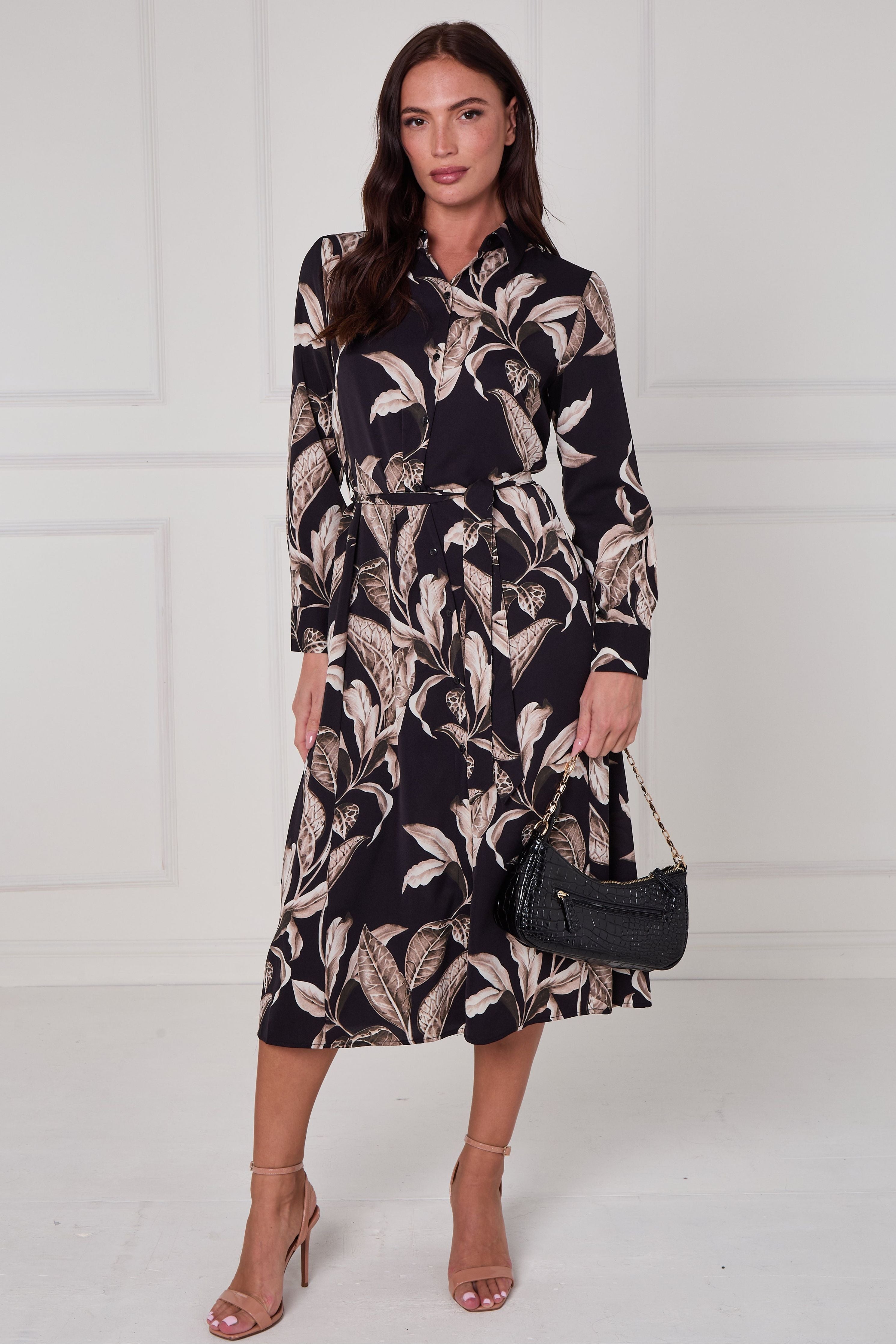 Black Botanical Print Midi Shirt Dress LS-2430-EM17