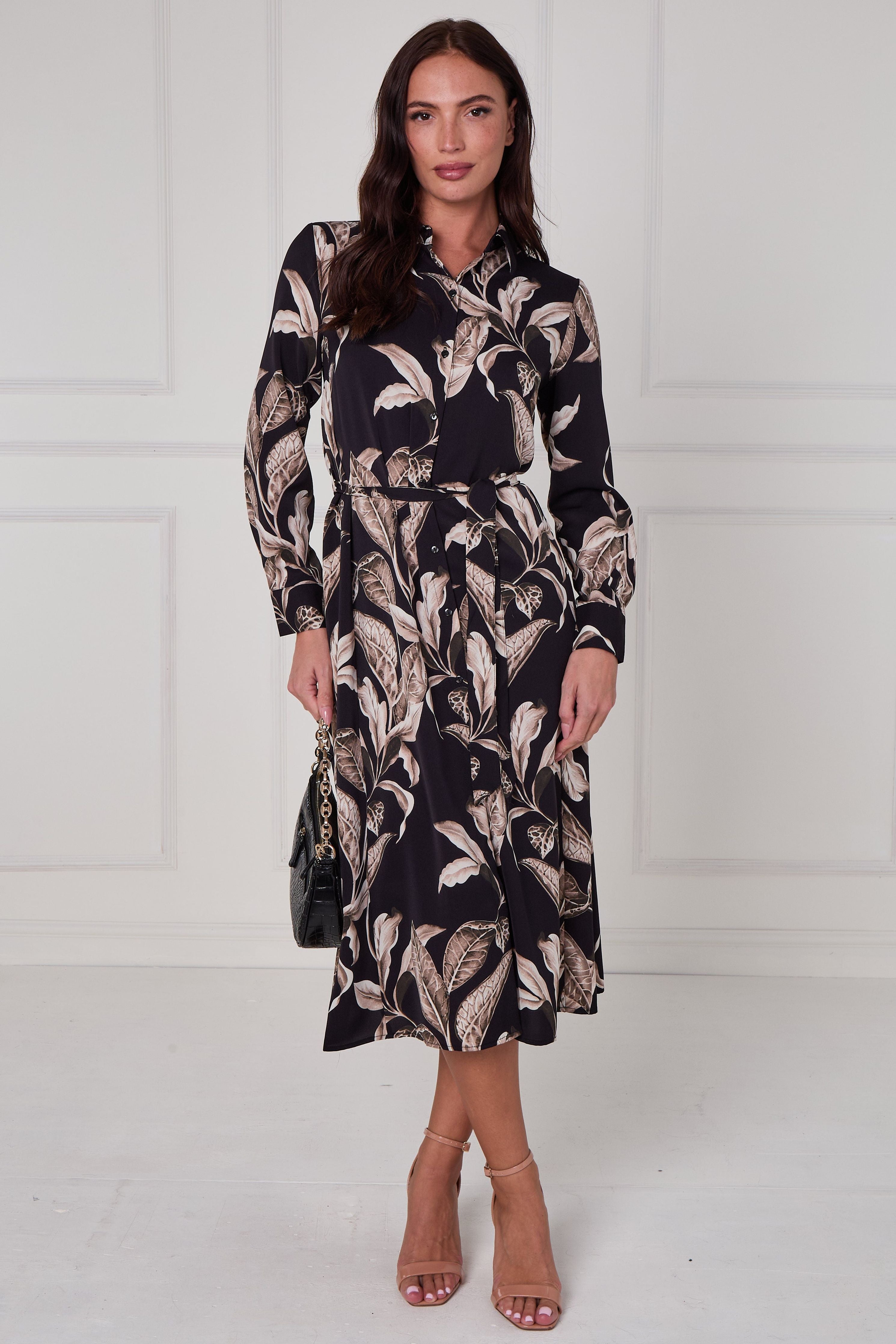Black Botanical Print Midi Shirt Dress LS-2430-EM17