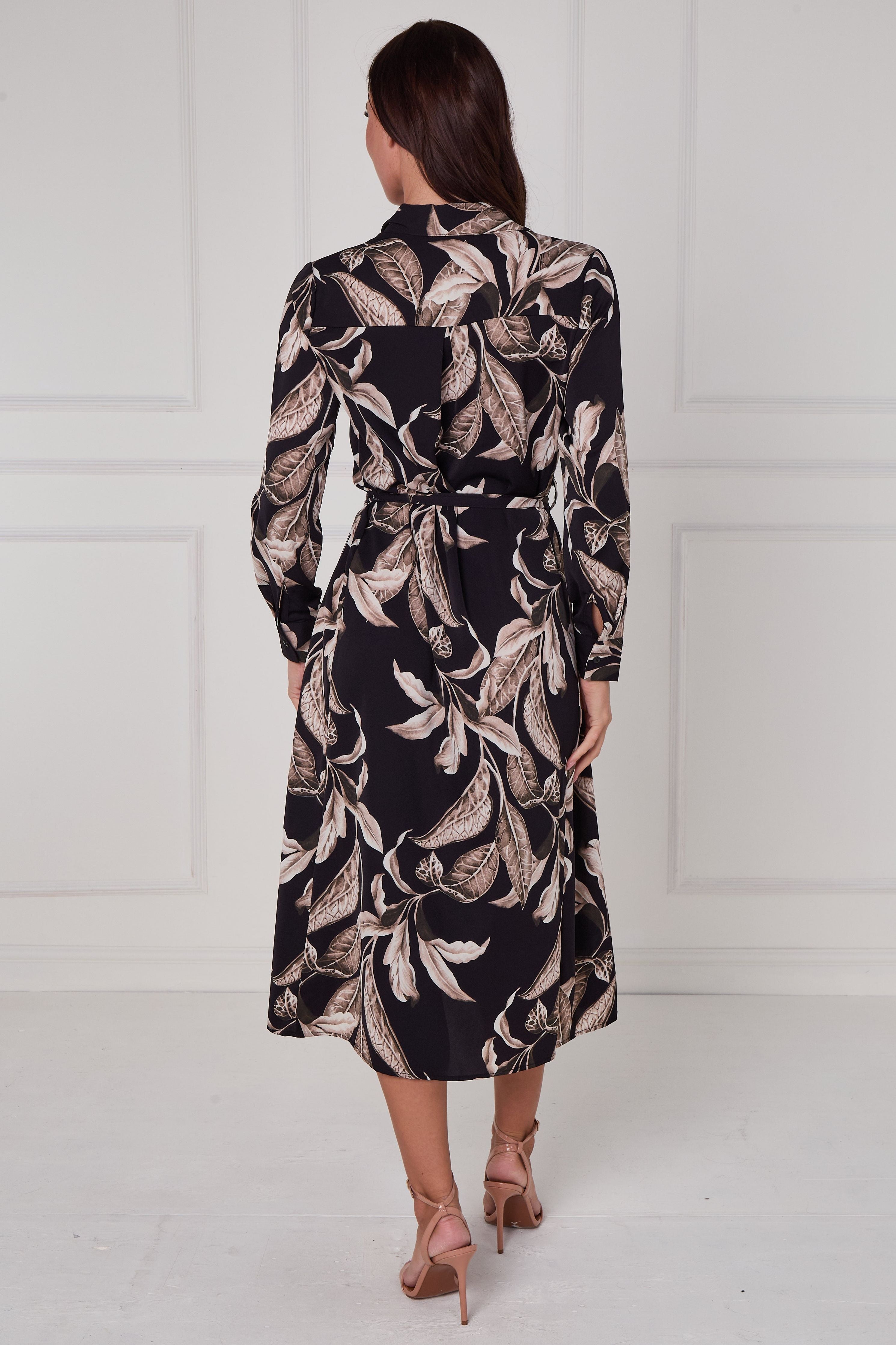Black Botanical Print Midi Shirt Dress LS-2430-EM17