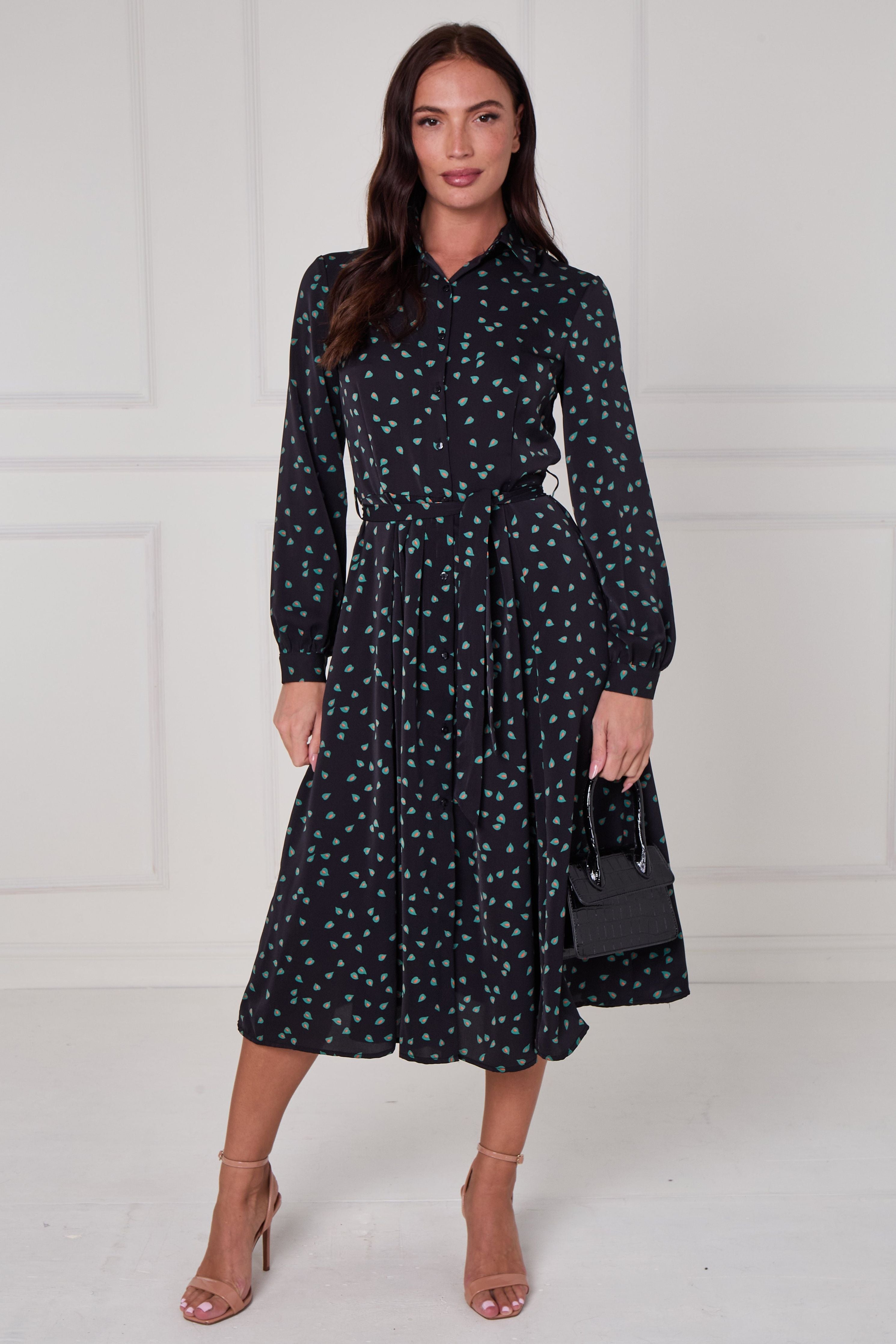 Black Teal Abstract Petal Print Midi Shirt Dress LS-2279-DP24