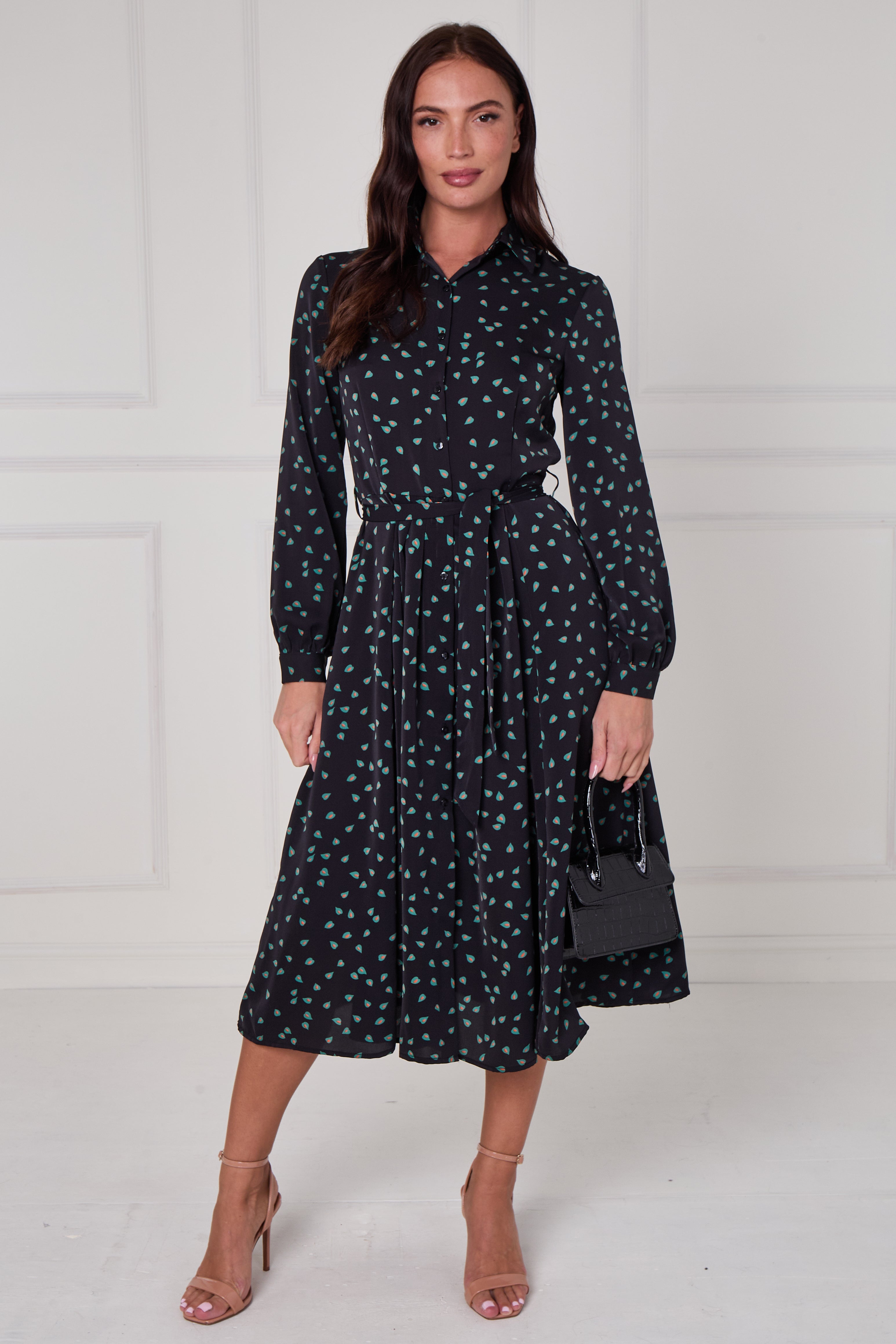 Black Teal Abstract Petal Print Midi Shirt Dress LS-2279-DP24
