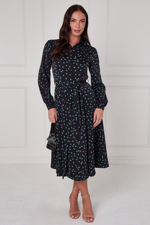 Black Teal Abstract Petal Print Midi Shirt Dress by LOVE SUNSHINE