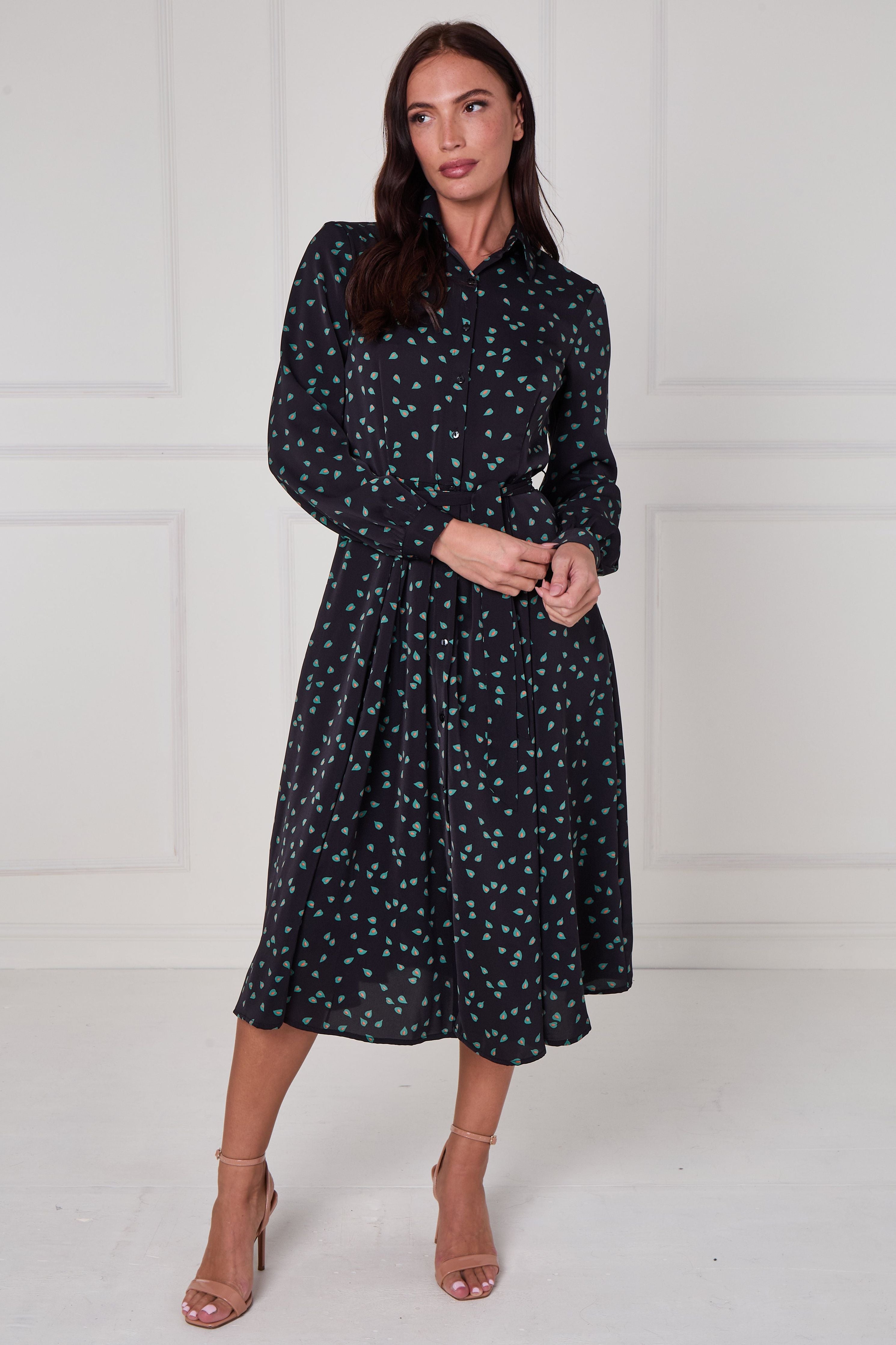 Black Teal Abstract Petal Print Midi Shirt Dress LS-2279-DP24