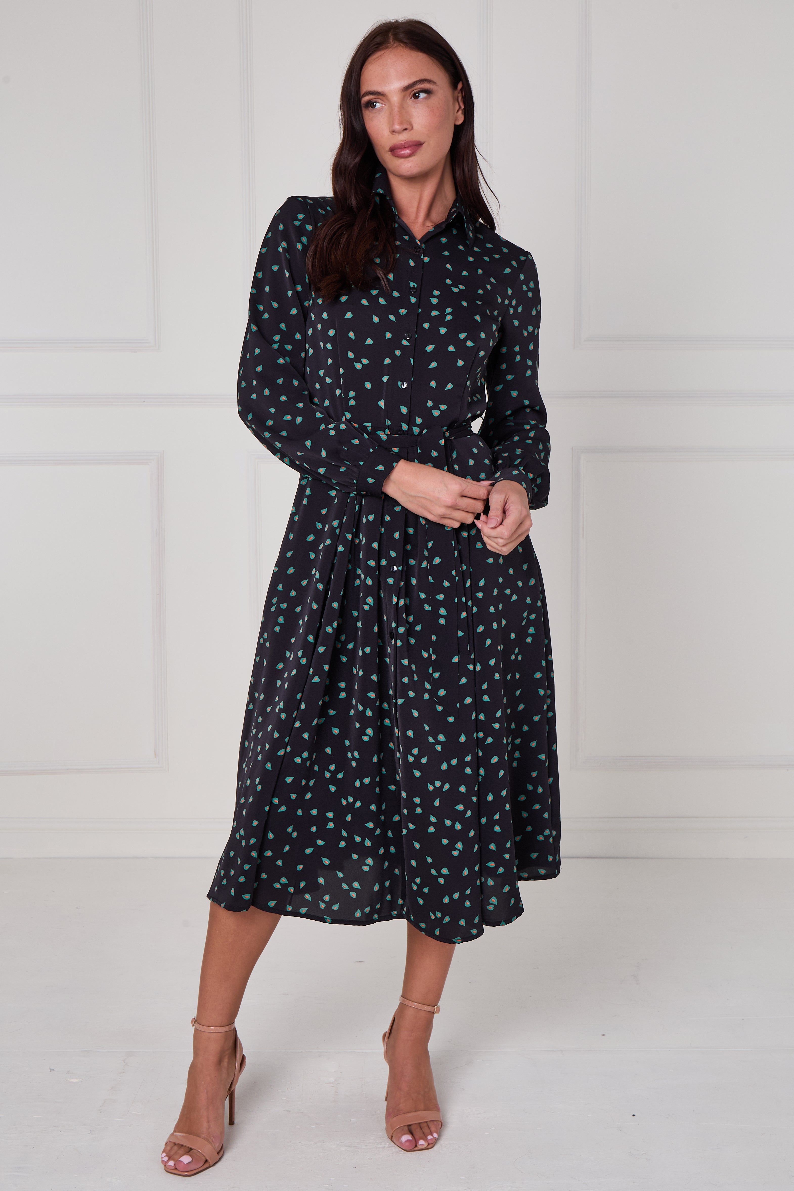 Black Teal Abstract Petal Print Midi Shirt Dress LS-2279-DP24