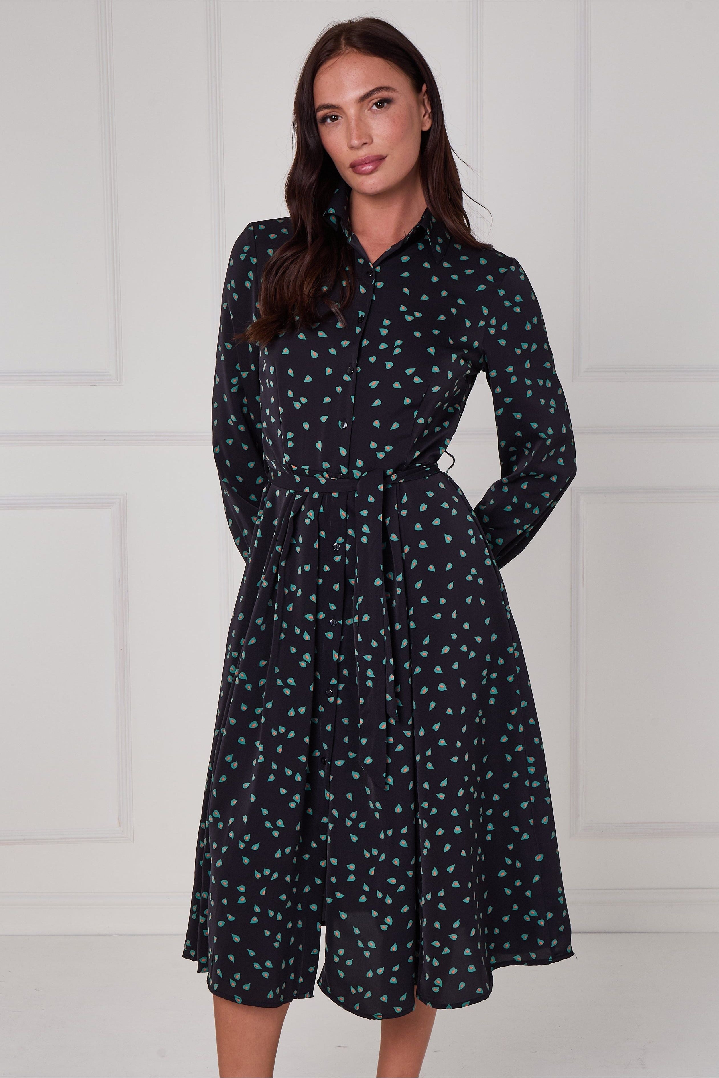 Black Teal Abstract Petal Print Midi Shirt Dress LS-2279-DP24