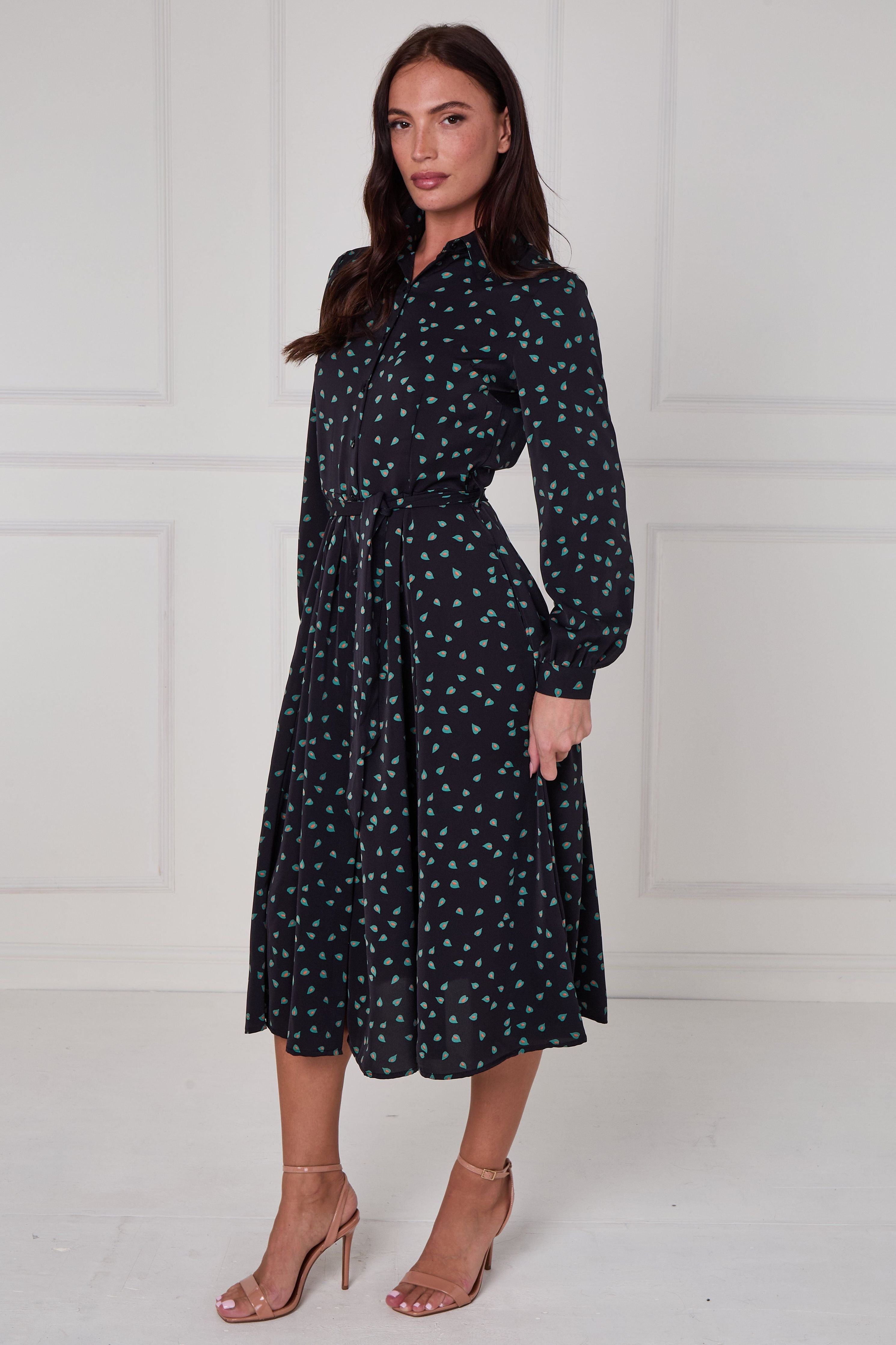 Black Teal Abstract Petal Print Midi Shirt Dress LS-2279-DP24