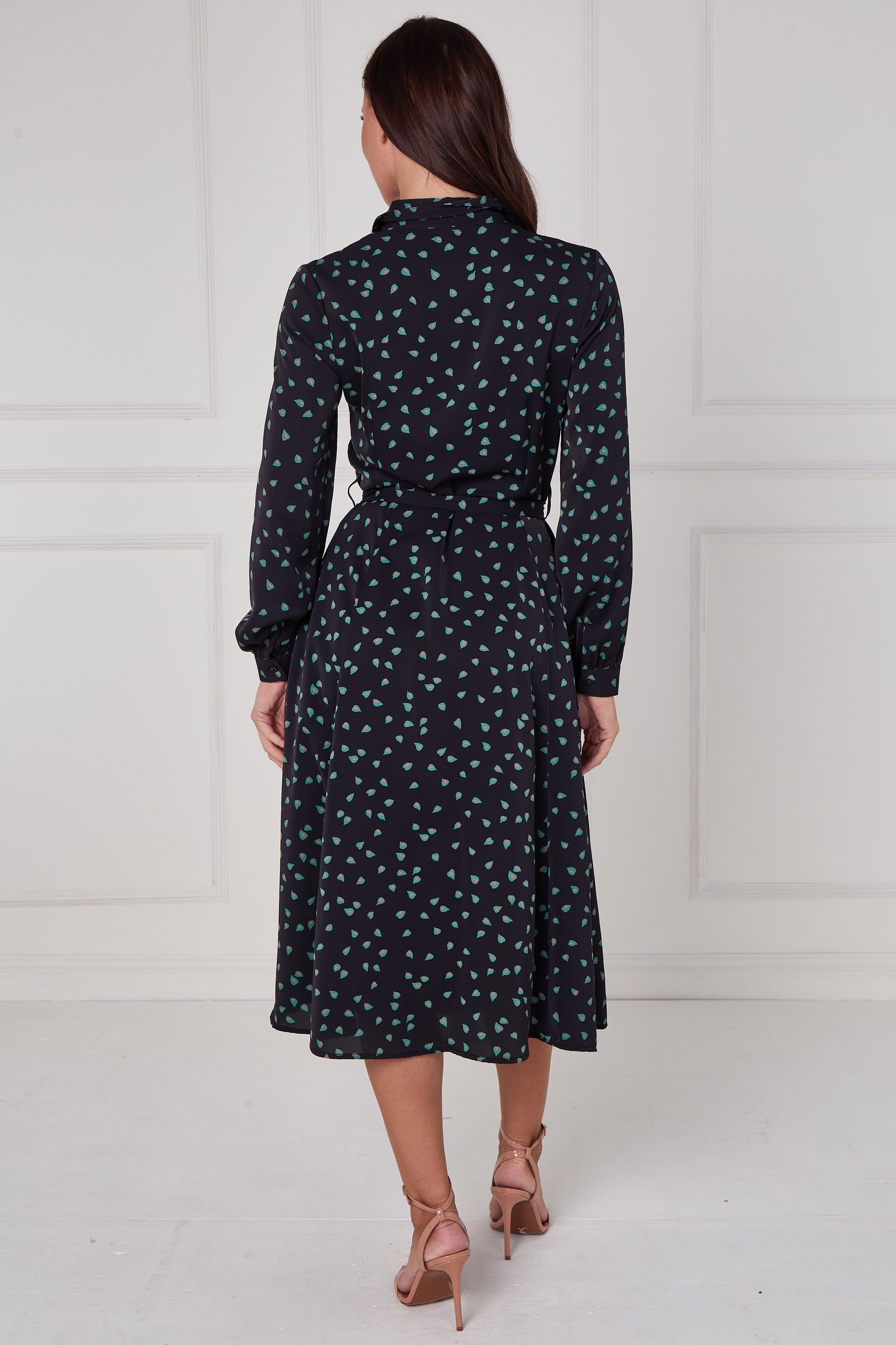 Black Teal Abstract Petal Print Midi Shirt Dress LS-2279-DP24